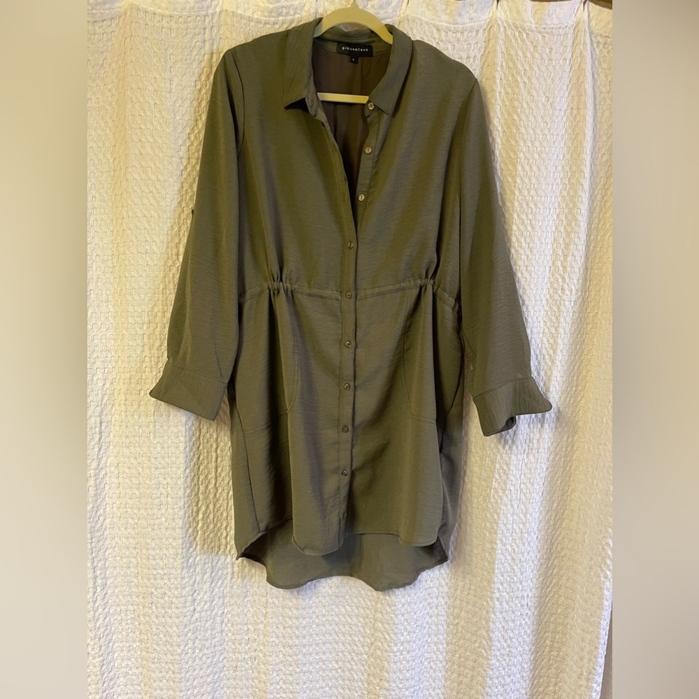 Gibson Look Button Down Drawstring Dress, Olive Green, Size Large